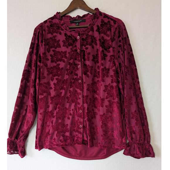 Marc New York‎ Floral Burnout Velvet Button Up Top XL Whimsygoth Renaissance Red - Picture 1 of 8